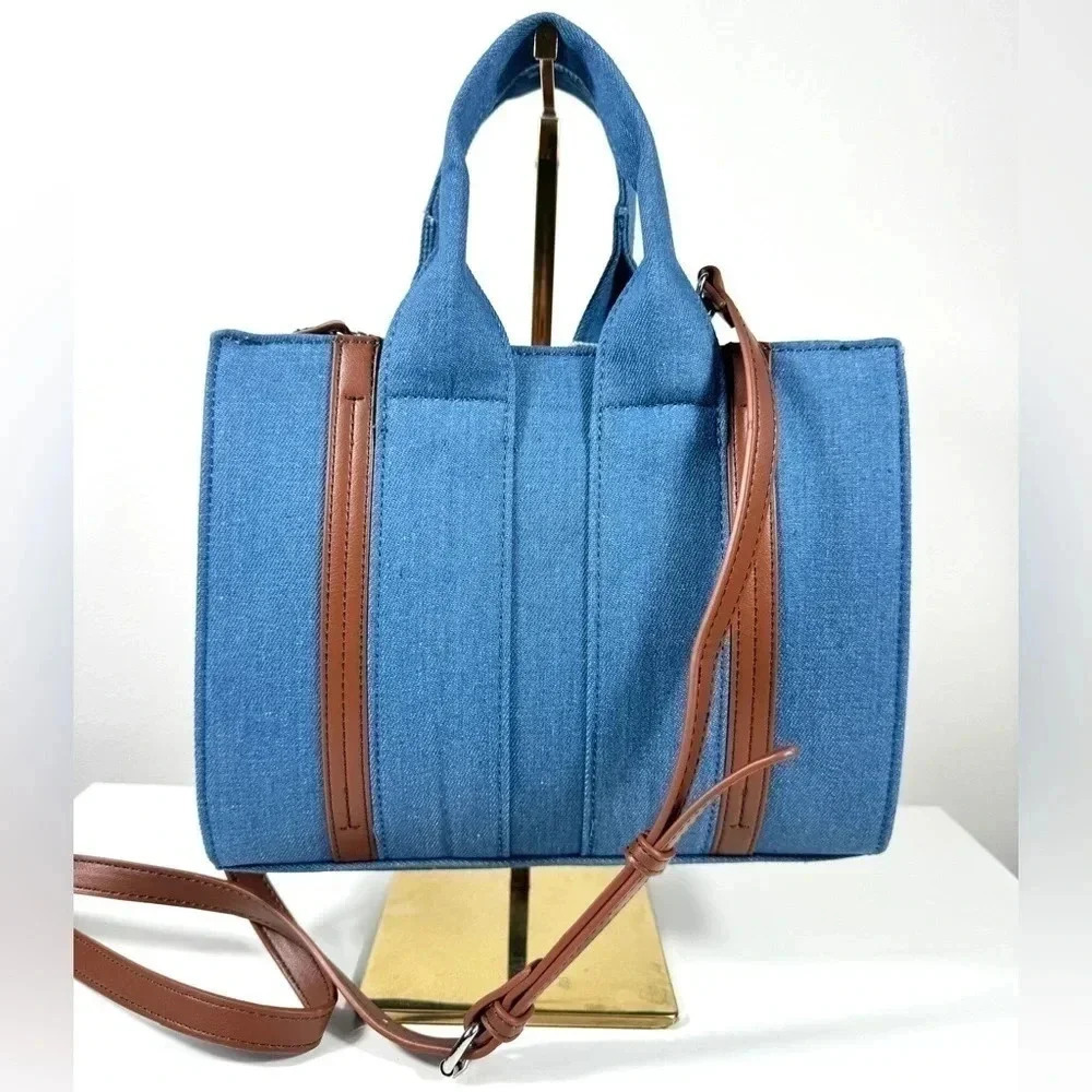 New MKF Denim Crossbody Satchel Tote Bag Blue Brown Casual Everyday - Picture 3 of 8
